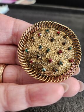 Gold Vintage Filigree Dome Brooch with Red and Green And Bkue Accents
